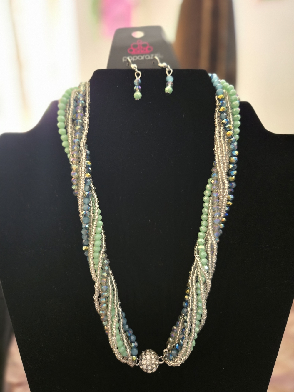 paparazzi Aqua-Green Multi-Strand Beaded Necklace with Earrings